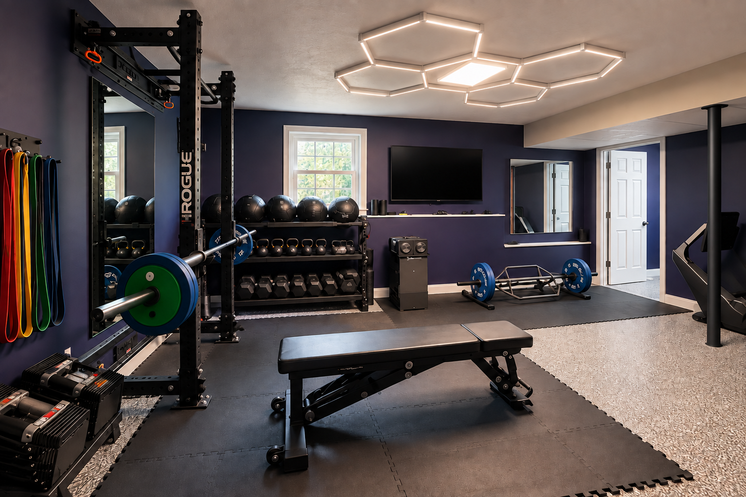 Studio visualization with navy walls, strength equipment, a bench, and hexagonal ceiling lights